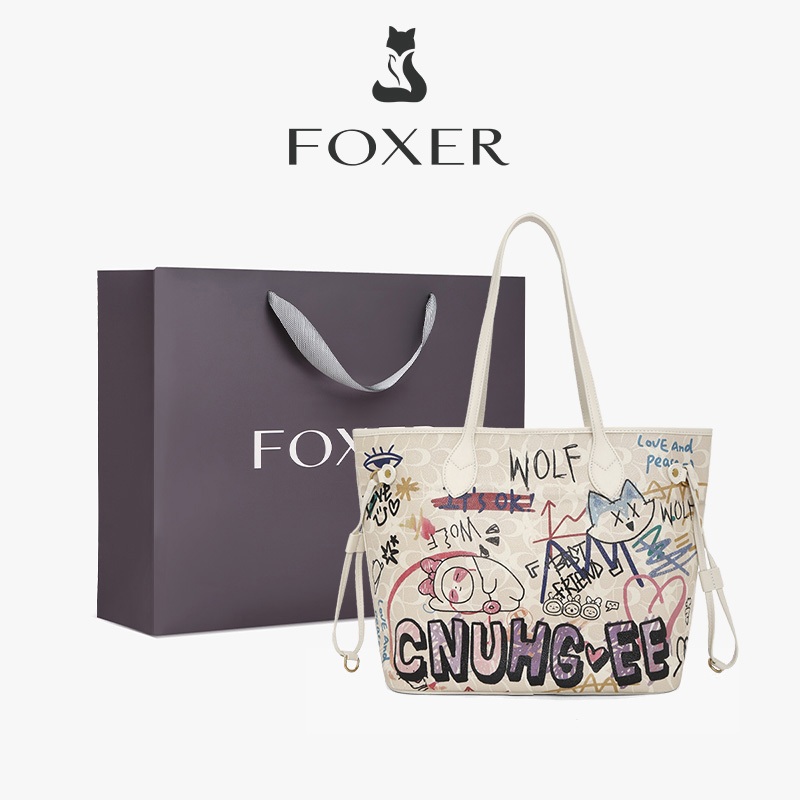 FOXER กระเป๋าถือผู้หญิง ความจุขนาดใหญ่ ลายกราฟฟิตี้ กระเป๋าาถือแถมซองในตัว Graffiti handbag