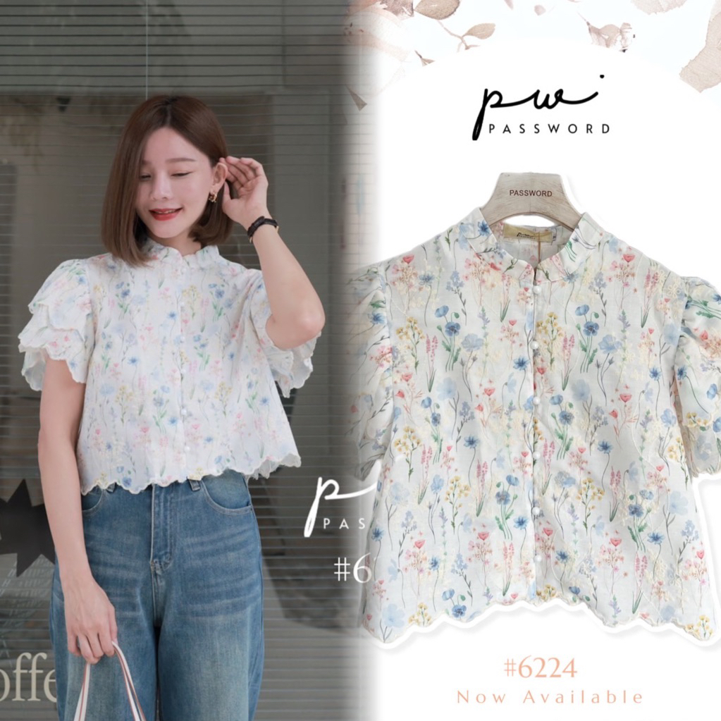 PW | PASSWORD🔖 6224 เสื้อคอจีนลายดอกไม้สีน่ารัก