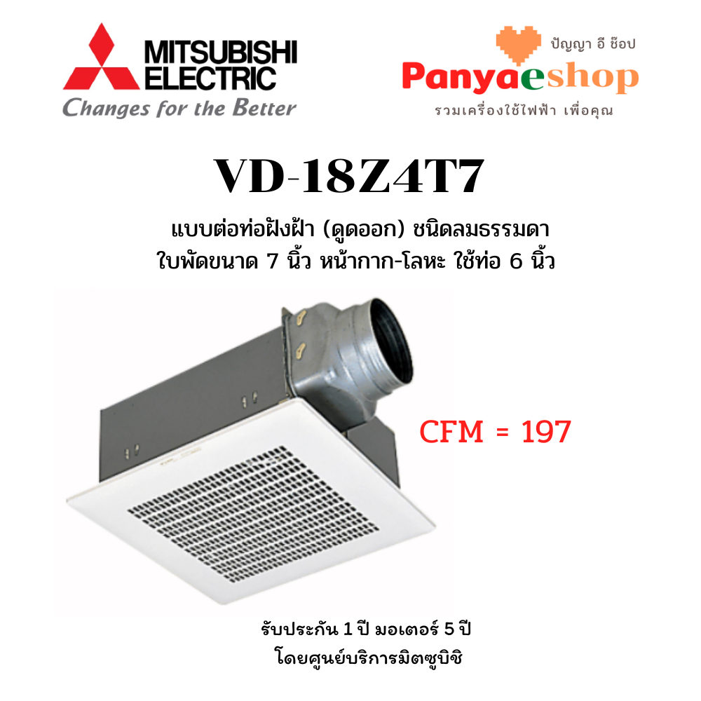 MITSUBISHI พัดลมต่อท่อฝังฝ้า รุ่น VD-18Z4T7 ชนิดลมธรรมดา ใบพัด 7 นิ้ว ใช้ท่อ 6 นิ้ว หน้ากากโลหะ