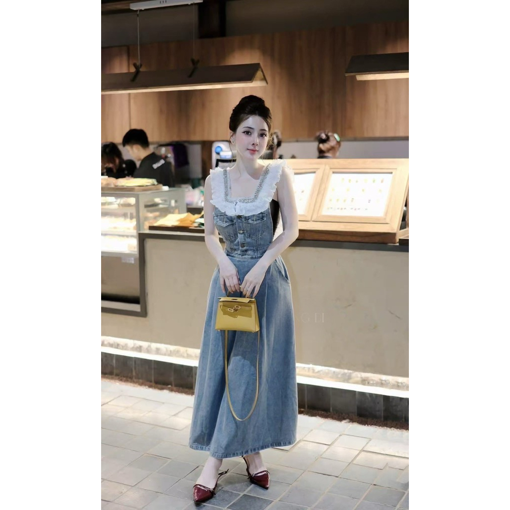 [Meena_shop] Ticha Set 2 ชิ้น Maxi เดรสยีนแขนกุด