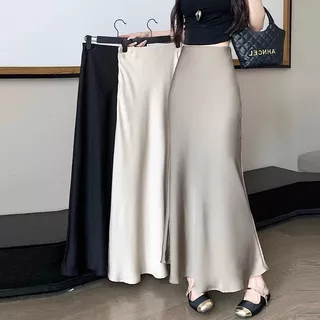 11 สี S-6XL กระโปรงผ้าซาตินกระโปรงยาว เอวสูง ผ้าซาติน ลายนางเงือก