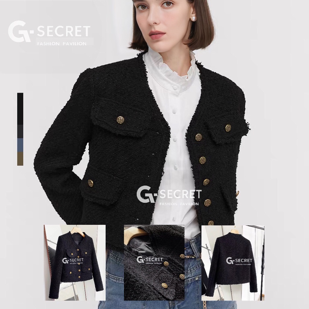 พร้อมส่ง เสื้อคลุม แขนยาว สไตล์คุณหนู เนื้อผ้าทวิต ดีเทลแต่งกระเป๋า งานสวยหรูหรา กระดุมผ่ากลาง สไตล์มินิมอล
