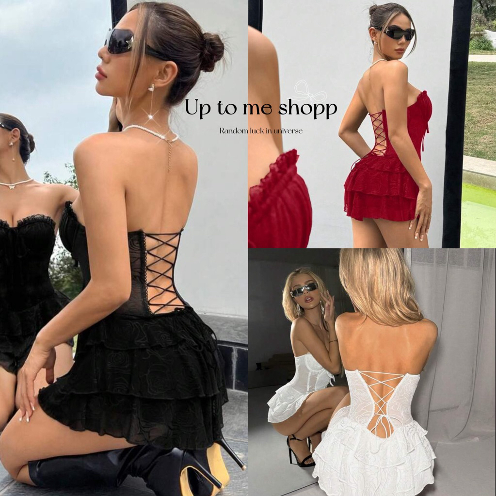 ชุดเดรส หน้าอกคัพ ลูกไม้ Ruched มีกางเกงซับใน งานเย็บปะติดปะต่อ แม็กซี่เดรสสายไขว้ฉัตร สำหรับเดท ปาร์ตี้