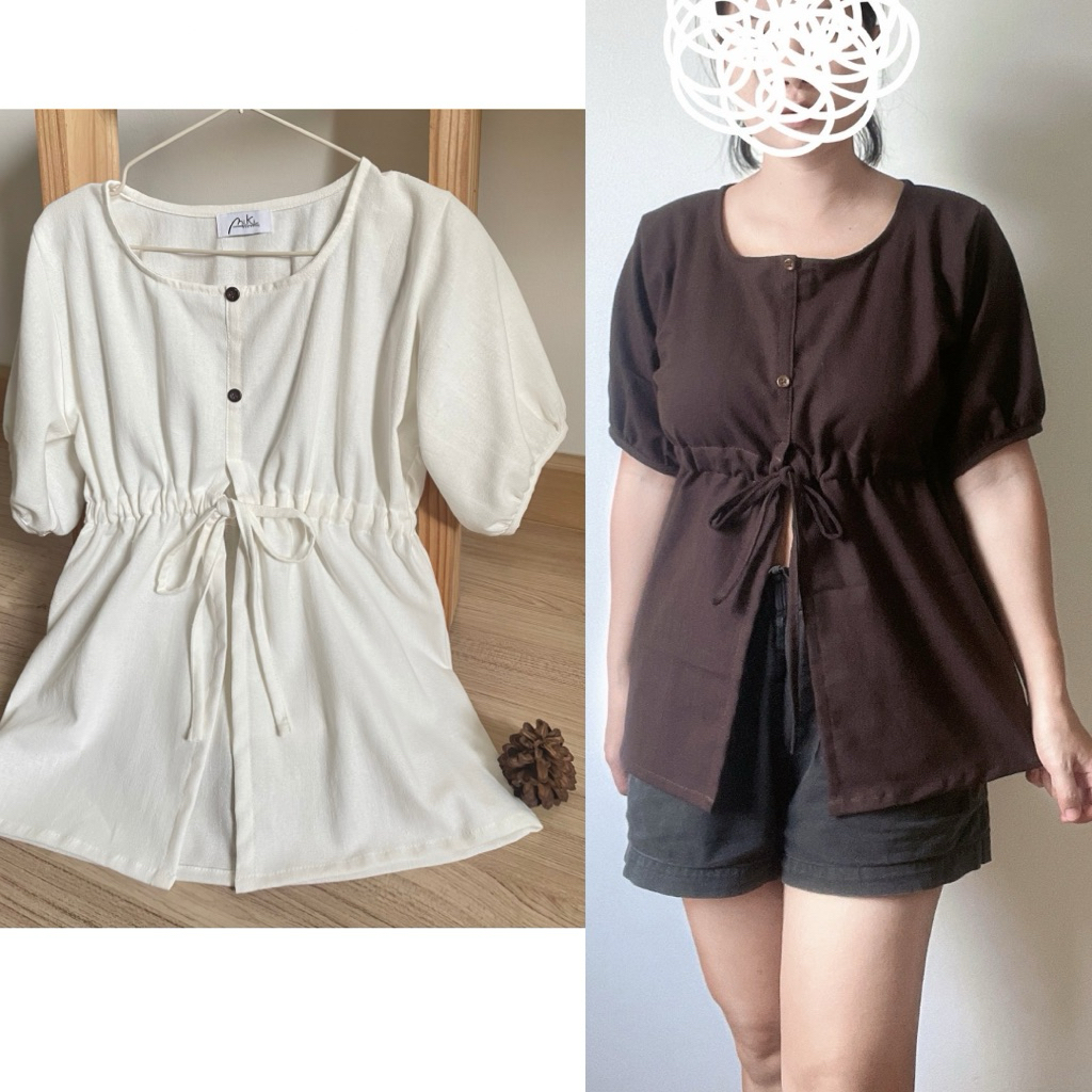 เสื้อเอวผูกโบแต่งกระดุมแขนตุ๊กตาผ้าฝ้ายฟอกนุ่ม