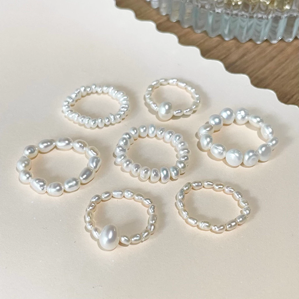 แหวนไข่มุกแท้ สีขาว สีเทา มุกน้ำจืด เอ็นยืด แหวนมุกแท้ Genuine White Freshwater Pearl Elastic Ring