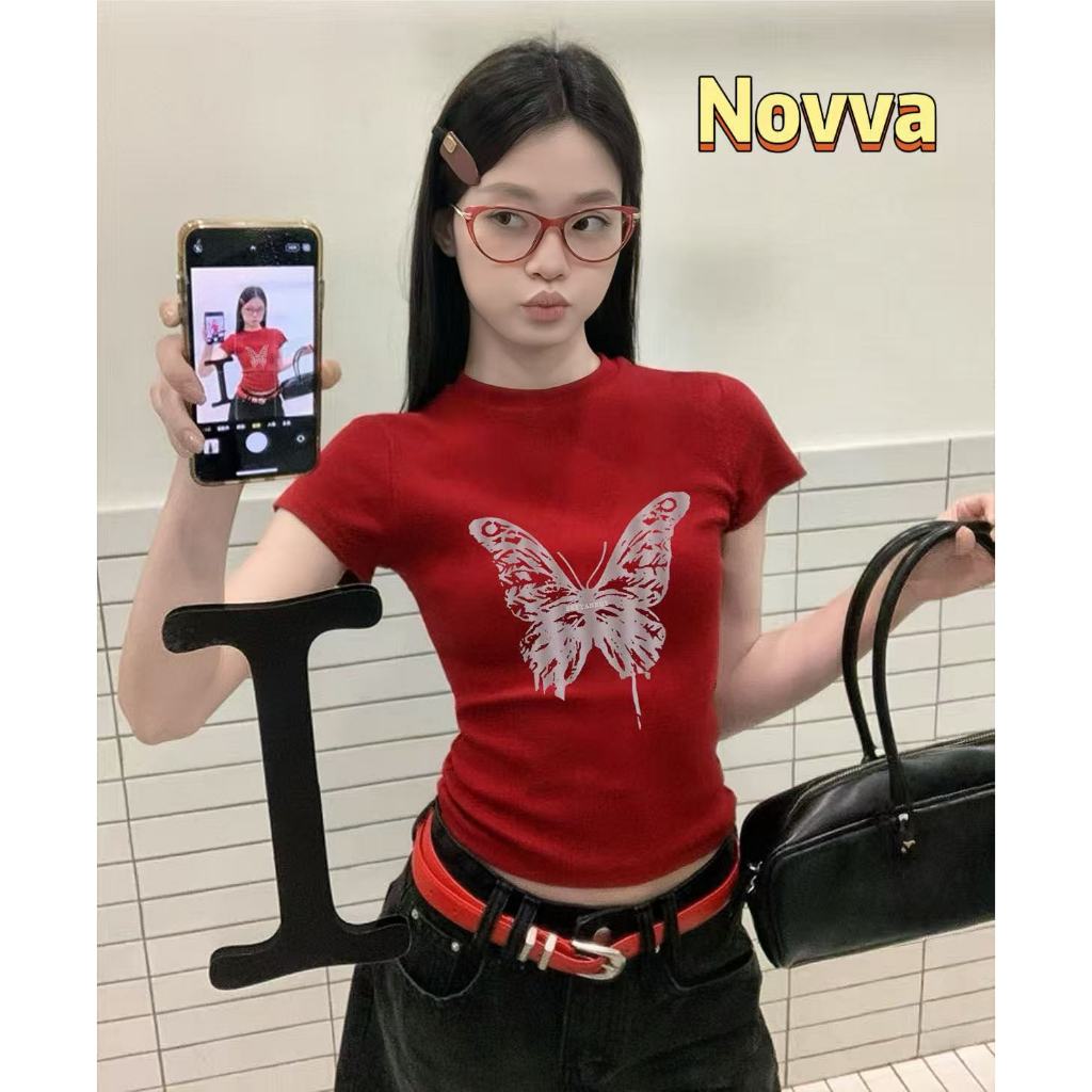 Novva 100% Cotton T-shirt เสื้อยืด เสื้อ baby tee เสื้อคอกลมผู้หญิง ลายผีเสื้อ สไตล์หวานๆ ใส่ได้ทุกวัน