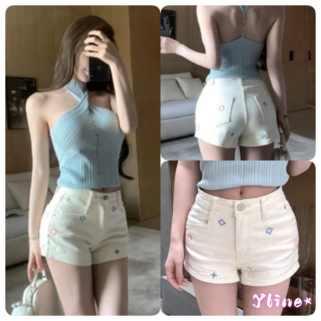 (ส่งจากกรุงเทพฯ) กางเกงยีนส์ขาสั้น เอวสูง สีขาว ผ้าไม่ยืด แต่งขาดขาเจียรซิป สุดเซ็กซี่