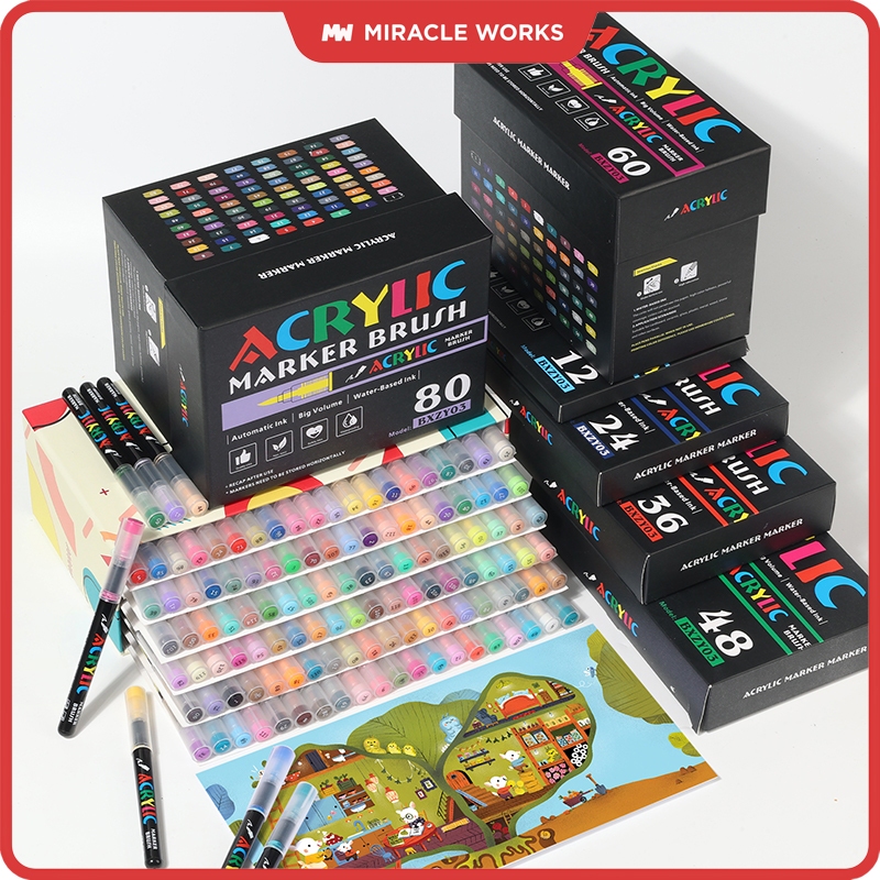 MW ปากกาอะคริลิค 12/24/36/48/60 สี ปากกามาร์กเกอร์อะคริลิค Acrylic marker กันน้ำ หมึกพิมพ์เนียน หัวน