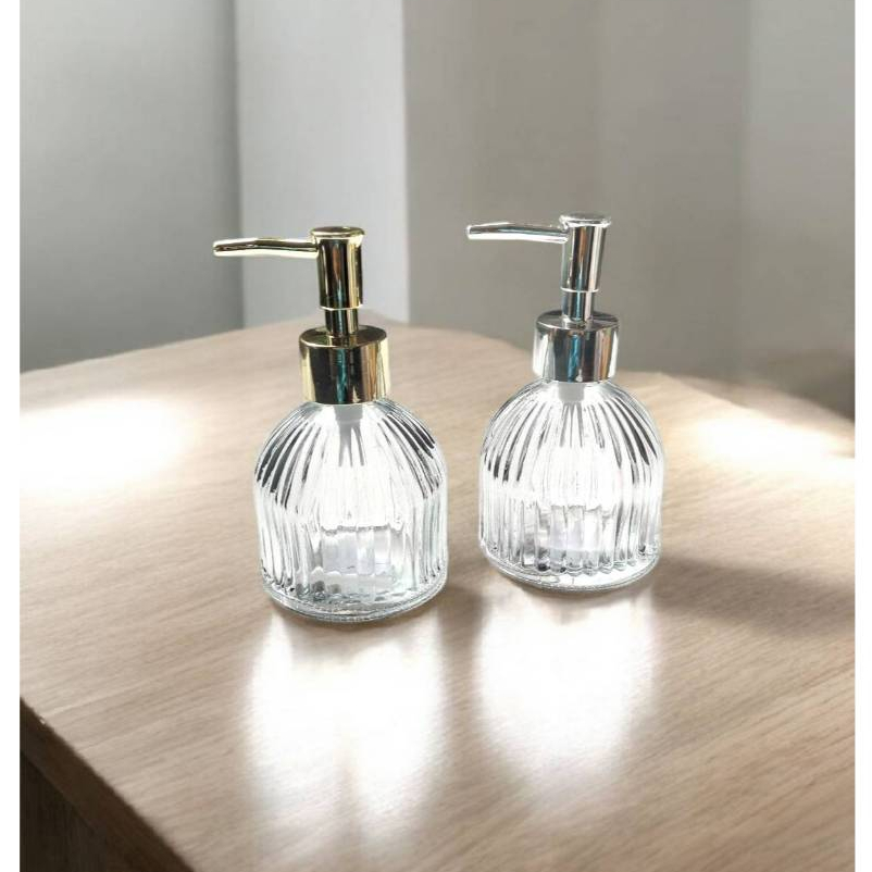 ขวดแก้วหัวปั้มแก้วใส หัวปั้มสแตนเลสสีเงิน ขนาด 200ml.No.3757
