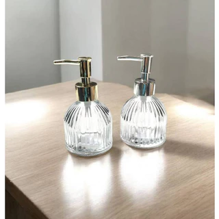 ขวดแก้วหัวปั้มแก้วใส หัวปั้มสแตนเลสสีเงิน ขนาด 200ml.No.3757
