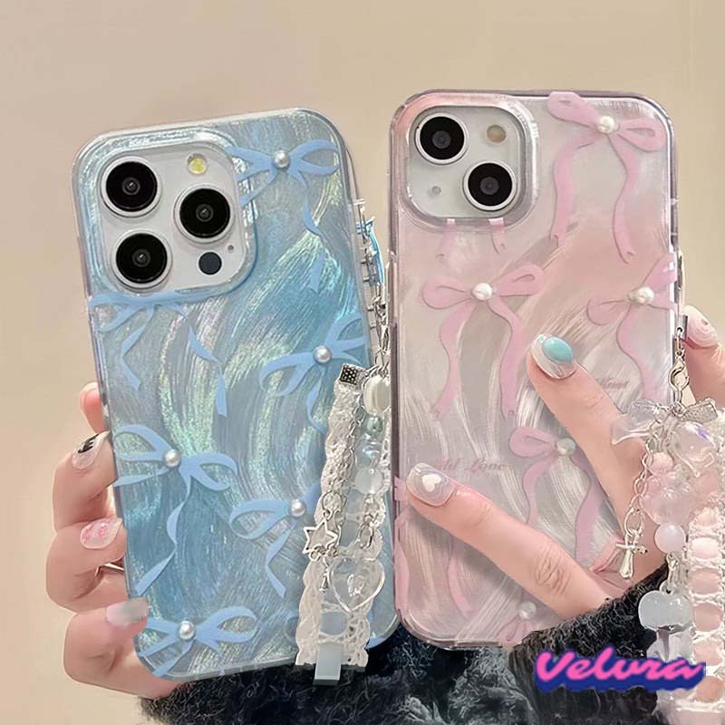 เคสสีชมพูน้ำเงิน Pearl Bow สุดหรู เคสไอโฟน13 เคส IPhone 11 Pro 16 13 14 15 12 Pro Max XR X XS Max 8 7 15 Plus 16Pro Max