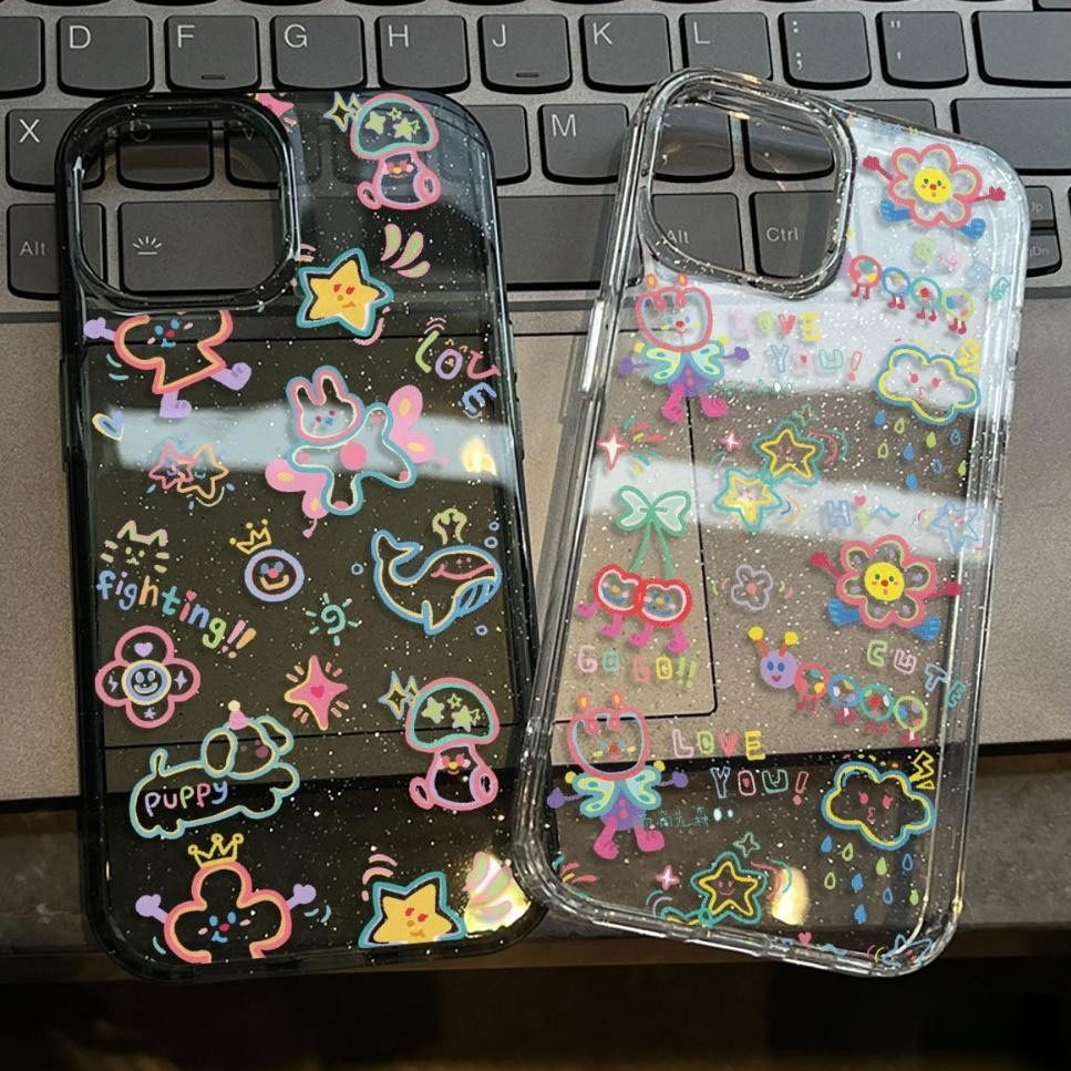 เคส iPhone 16 Pro Max iPhone 11 เคสใสแบบแวววาว TPU นุ่มสีสันสด ลายการ์ตูนสีสันสดใสน่ารัก Compatible iPhone15 Pro max 14