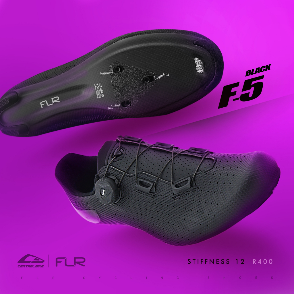 New2026!! FLR รองเท้าจักรยานเสือหมอบ F-5 สีBlack พื้นCarbon Composite หน้ากว้างใส่สบาย