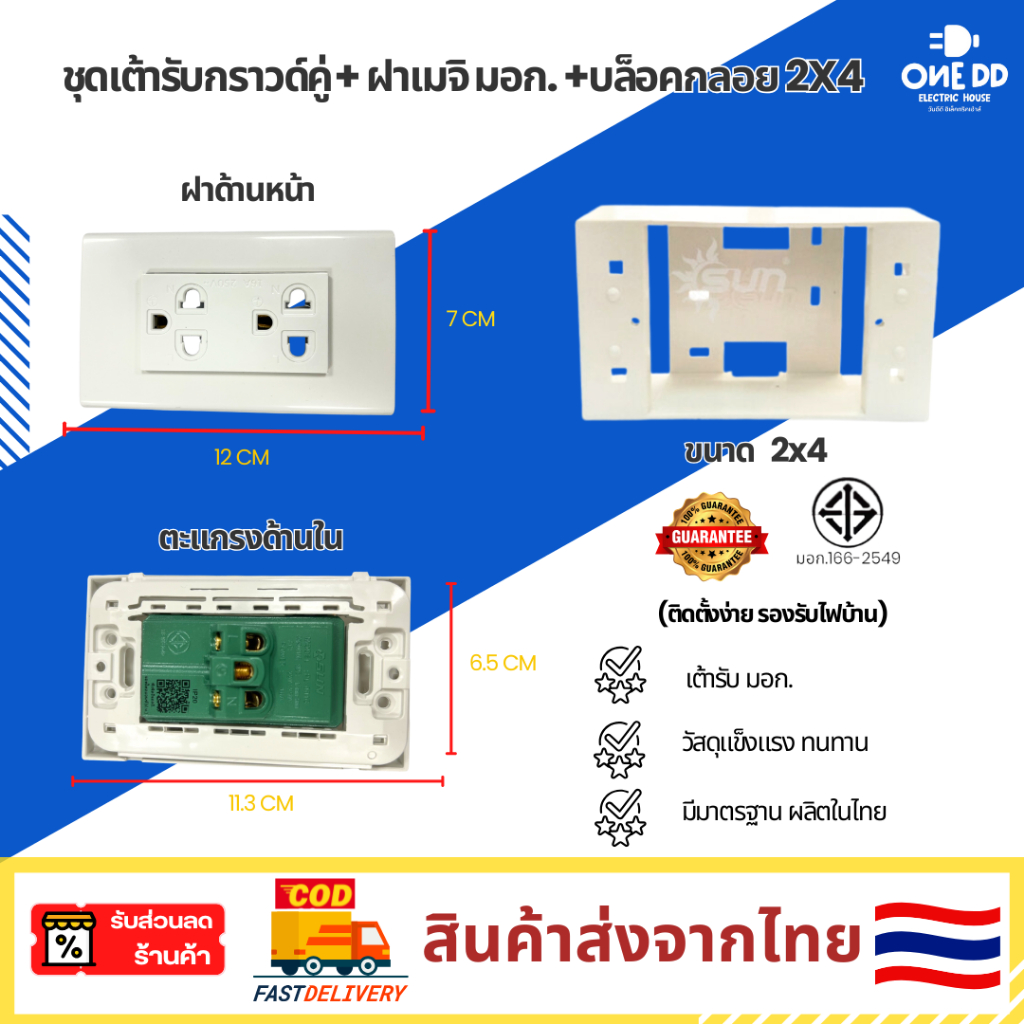 พร้อมส่ง ชุดเซ็ทเต้ารับกราวด์คู่ SUN มอก+ พร้อมฝาเมจิ +บล็อกลอย 2x4 ปลั๊กไฟติดผนัง มาตรฐาน ติดตั้งง่าย ช่างไฟแนะนำ