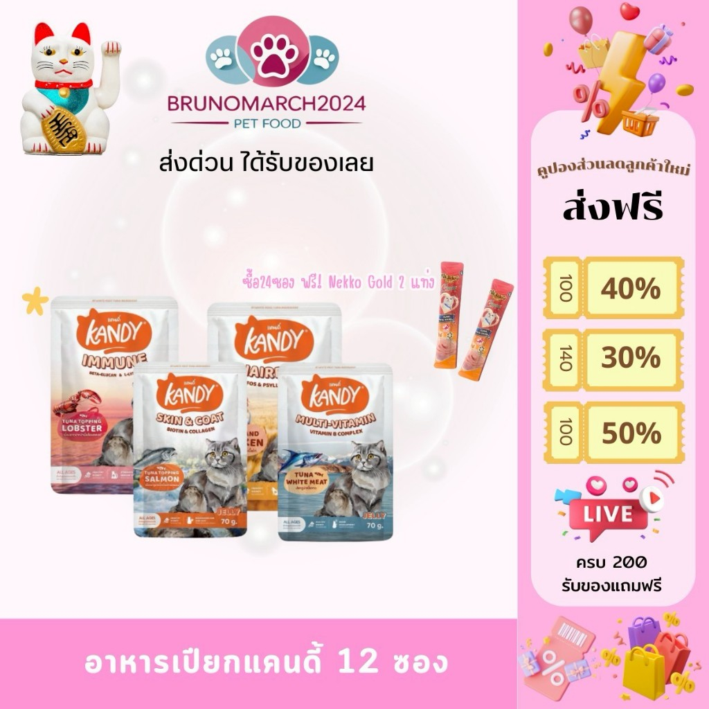 Kandy 12 ซอง อาหารเปียกแคนดี้ สูตรไม่เติมเกลือ ไม่เติมธัญพืช ซื้อครบ 24 ซอง (แถมฟรีแมวเลีย)