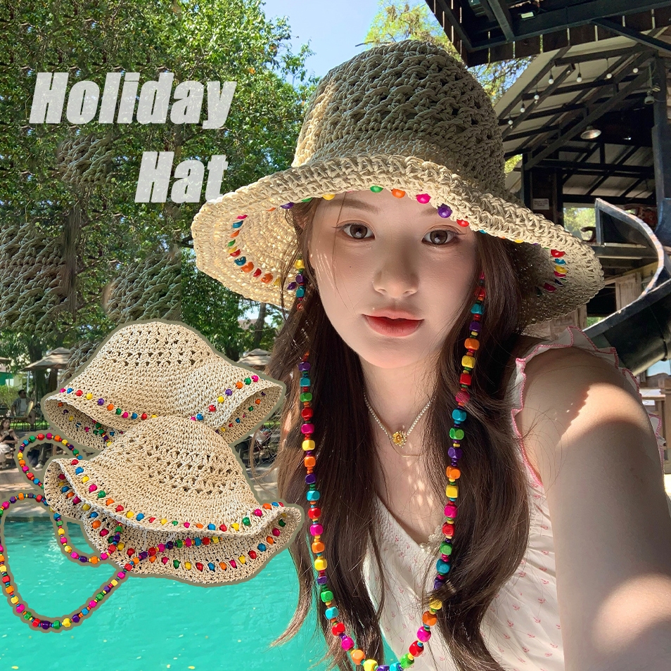 RIbbonIsland หมวกกันแดด หมวกแฟชั่น สไตล์เกาหลี ins เดินป่า ระบายอากาศ กลางแจ้ง คุณภาพสูง สวย สร้อยคอลูกปัดสี ส่งเร็ว