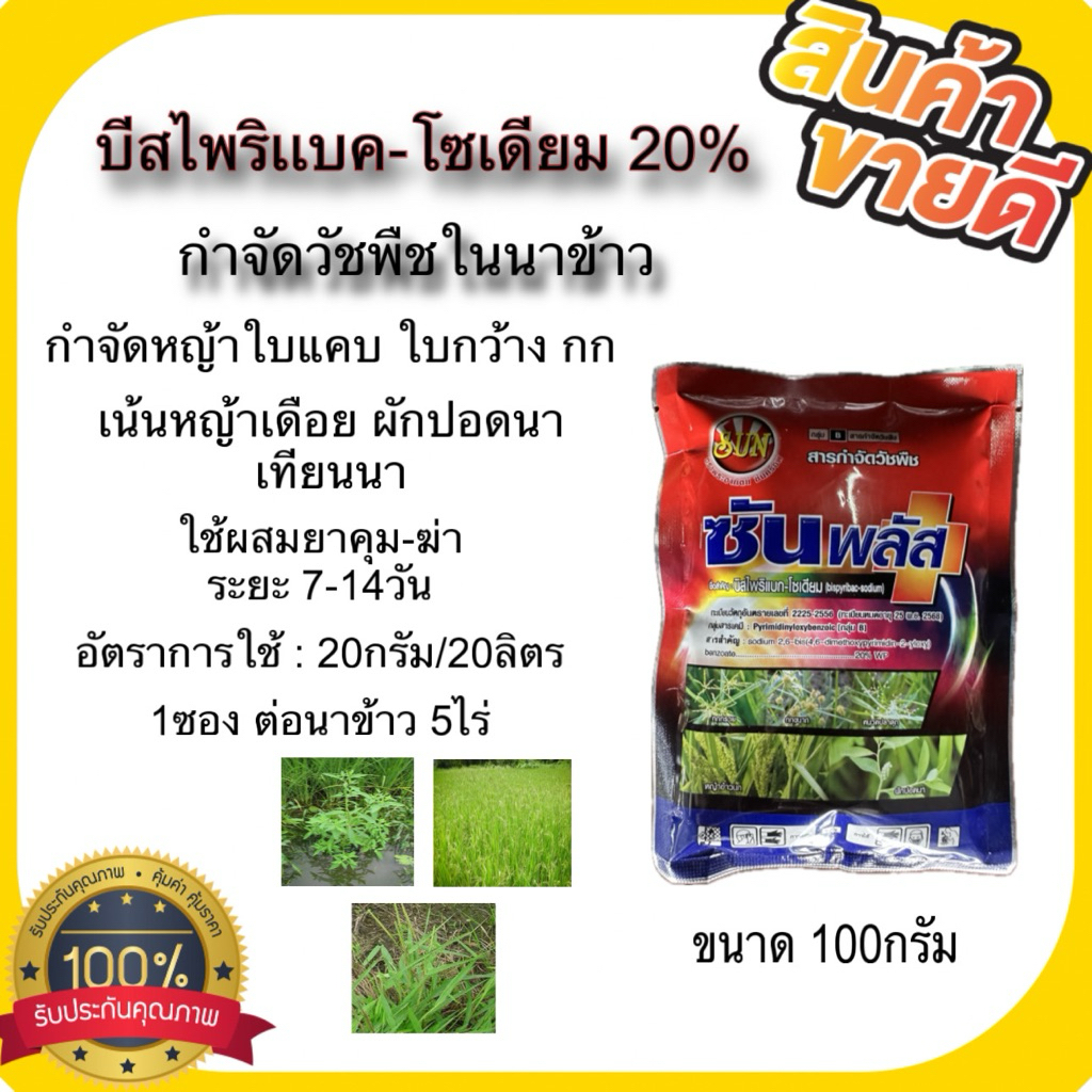 ซันพลัส 100กรัม(บิสไพริแบก-โซเดียม20 WP)สารกำจัดวัชพืช กำจัดหญ้าในนาหว่านน้ำตม ยาฆ่าหญ้าใบกว้าง ฆ่าหญ้าใบแคบ สูตรดูดซึม