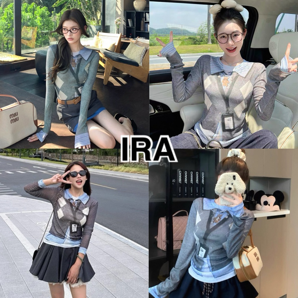 BY IRA Emmalee เสื้อยืดแขนยาวพิมพ์ลายสวยงาม ยืดหยุ่นและสวมใส่ง่าย แบบคล้ายงาน2ชิ้น สามารถสวมใส่ได้ทุกโอกาศ