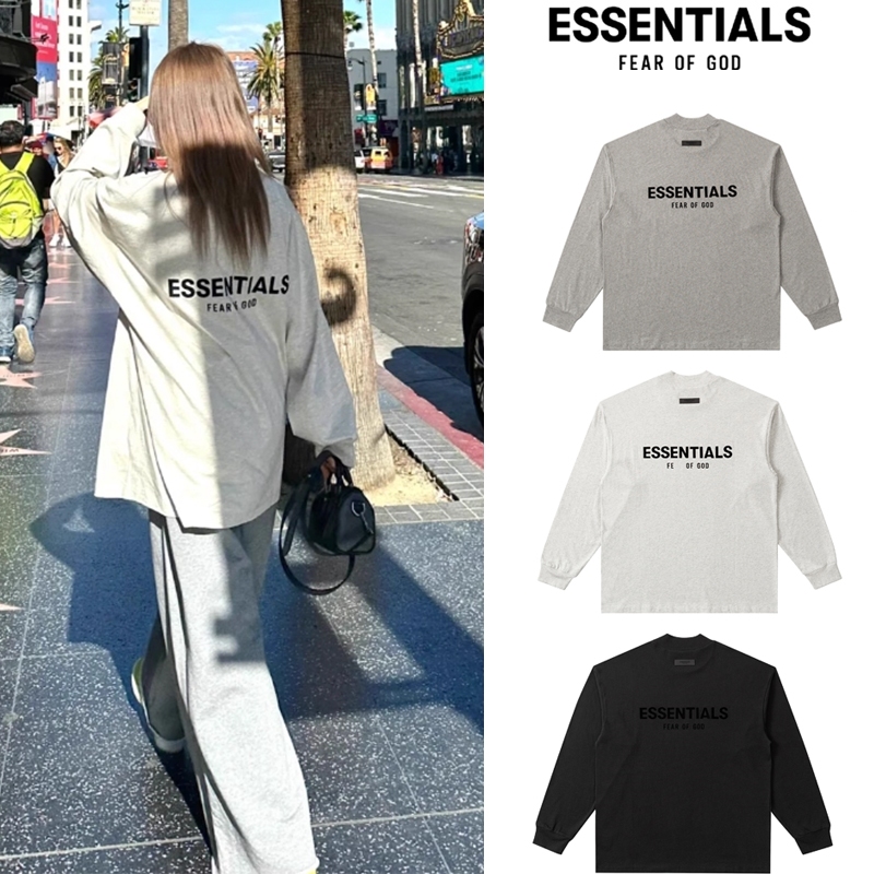 Fear of God Essentials SS22 LS Tee Light Oatmea ตัวอักษรโลโก้ Flocking Round Neck Long Long Long