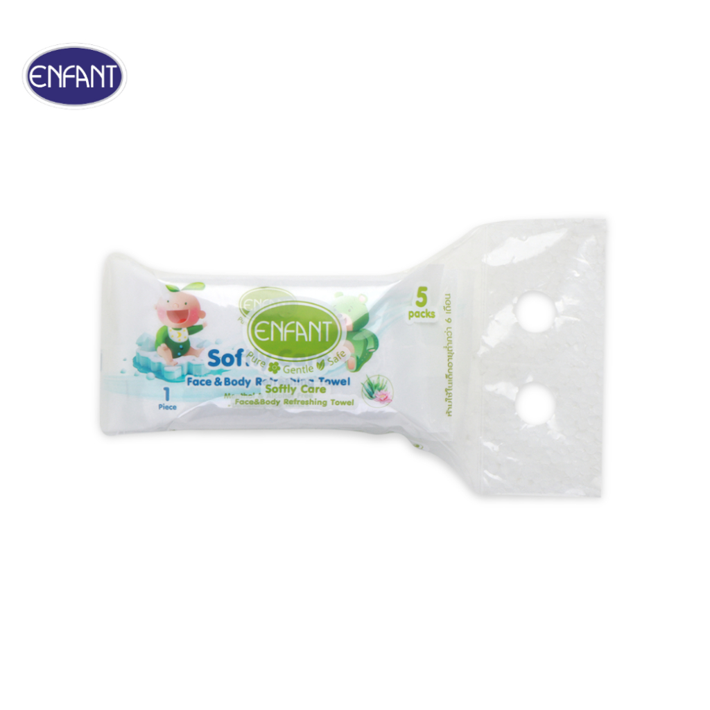 ENFANT (อองฟองต์) Extra Softly Care ผ้าเช็ดทำความสะอาดผิวแบบเย็น สูตรสำหรับเด็ก 6 เดือนขึ้นไป แพ็ค/5