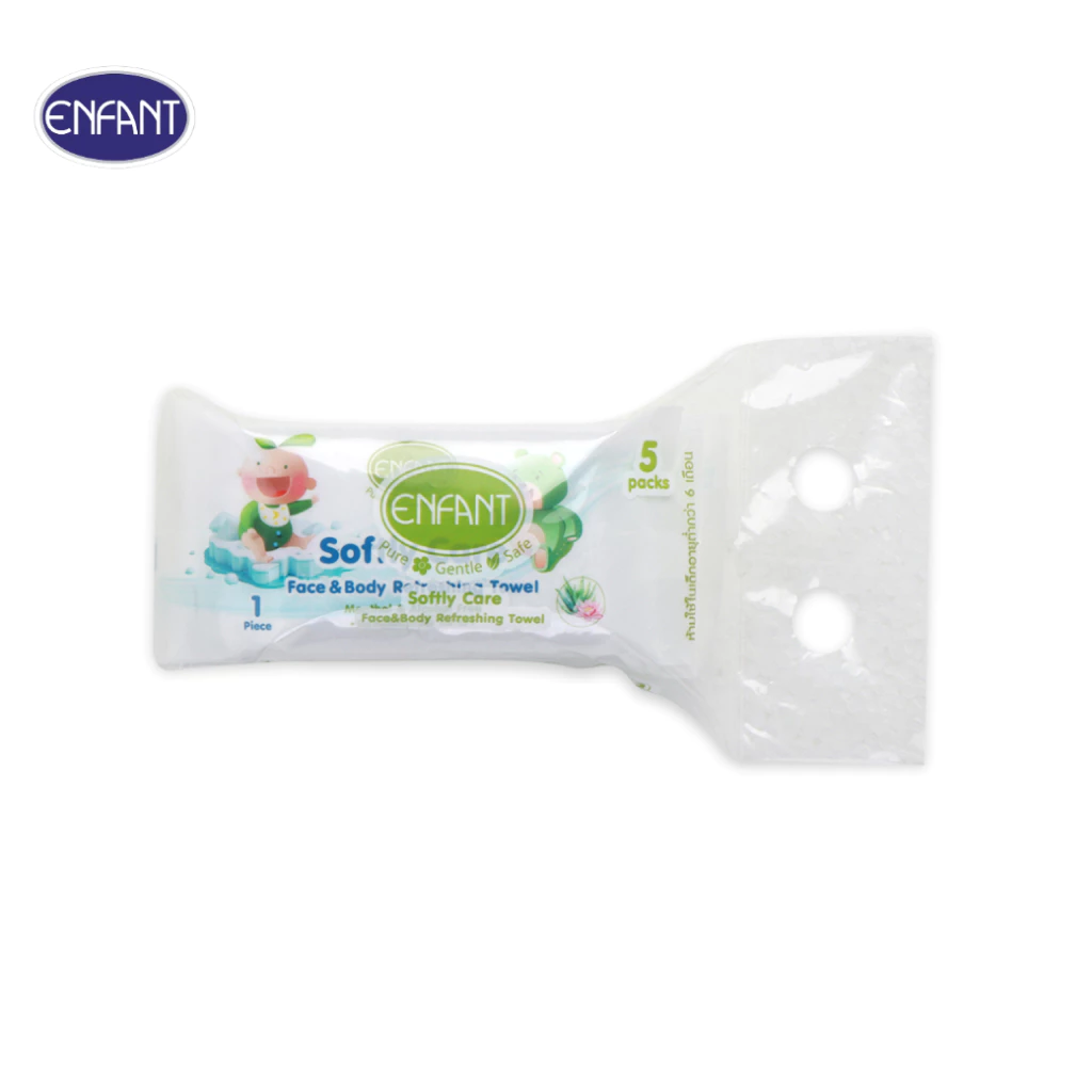 ENFANT (อองฟองต์) Extra Softly Care ผ้าเช็ดทำความสะอาดผิวแบบเย็น สูตรสำหรับเด็ก 6 เดือนขึ้นไป แพ็ค/5ห่อ 1ผืน/ห่อ