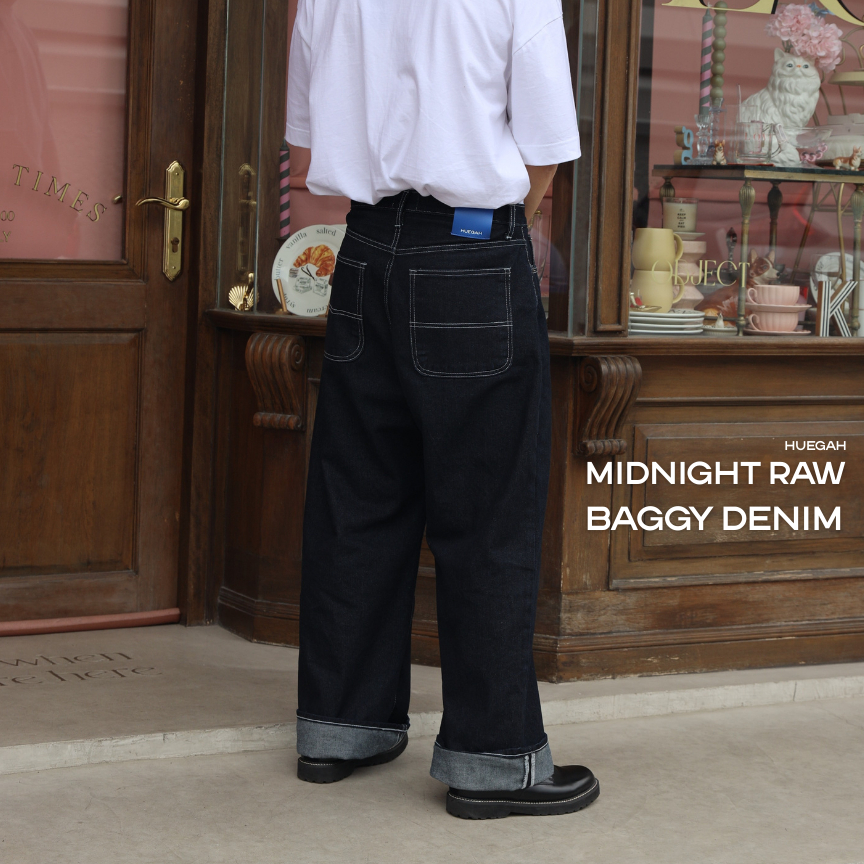 📍พร้อมส่ง 👈 (XS-12XL) HUEGAH Midnight RAW Baggy Denim กางเกงยีนส์ขากระบอกยีนส์ไม่ฟอก