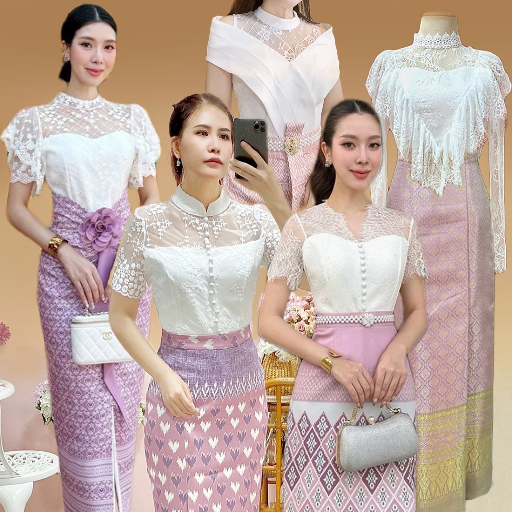 S-XXL เสื้อลูกไม้สีขาว ครีม ชมพู ทอง ดำ เสื้อชุดไทย เสื้อใส่กับผ้าถุง ไปงานแต่ง งานบุญ งานบวช #เสื้อดาวิกา