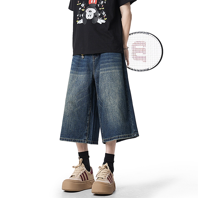 กางเกงขาสั้นสำหรับผู้ชาย พลัสไซส์ Unisex เกงสามส่วน ทรงหลวม พลัสไซส์ denim เก็บพุง streetwear วินเทจ - รูปที่ 6