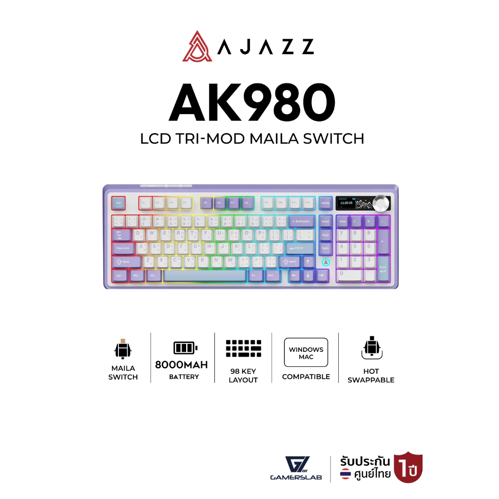 คีย์บอร์ดเกมมิ่ง Ajazz AK980 LCD Gasket Tri-Mod Maila Switch Mechanical Keyboard