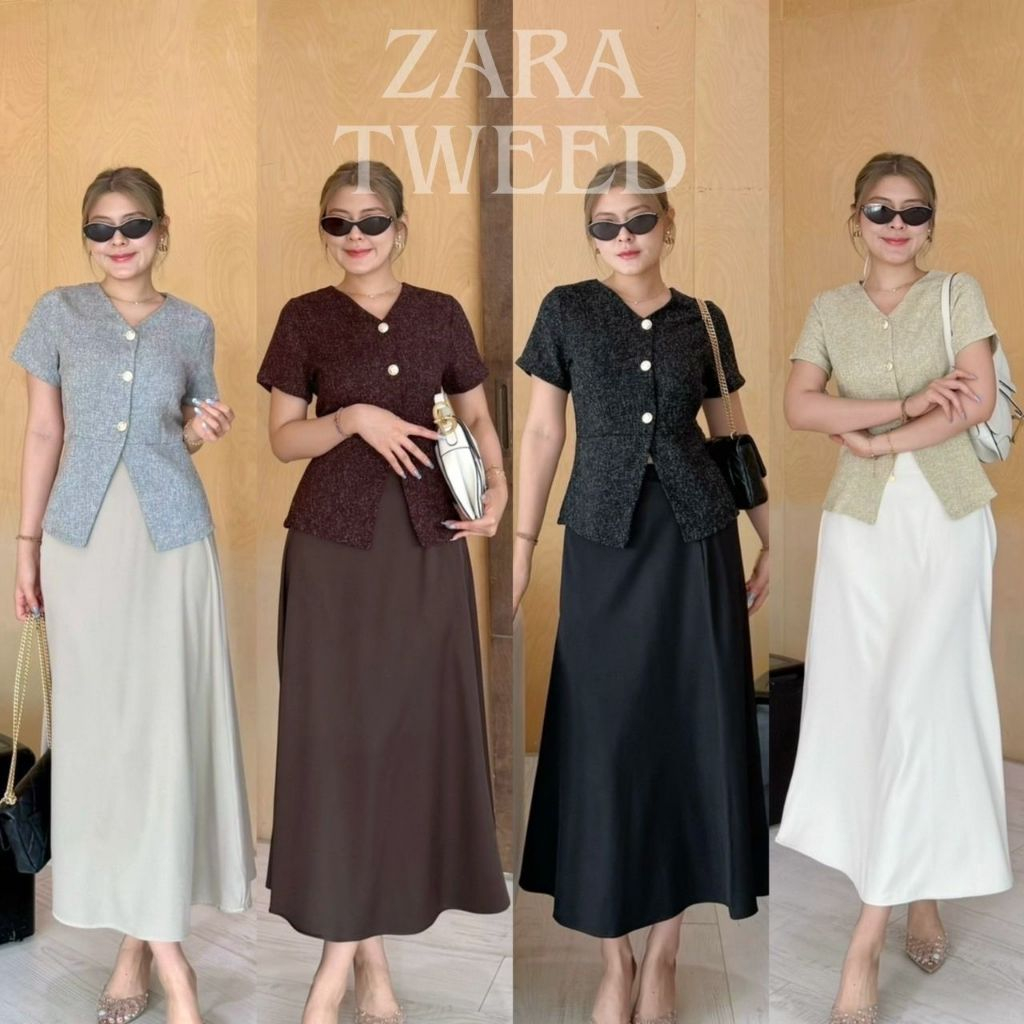 Zara tweed Set :: 5 สี ชุดเซ็ทกระโปรงยาว เสื้อทวิตคอวีแต่งกระดุมทอง ชุดเซ็ท 2 ชิ้นกระโปรงผ้าซาติน เร