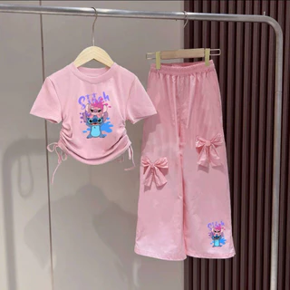 Pinkชุดเซ็เด็กผู้หญิงน่ารัก เสื้อเชือกผูกโบว์ข้าง+กางเกงขายาวแต่งโบว์ 3163