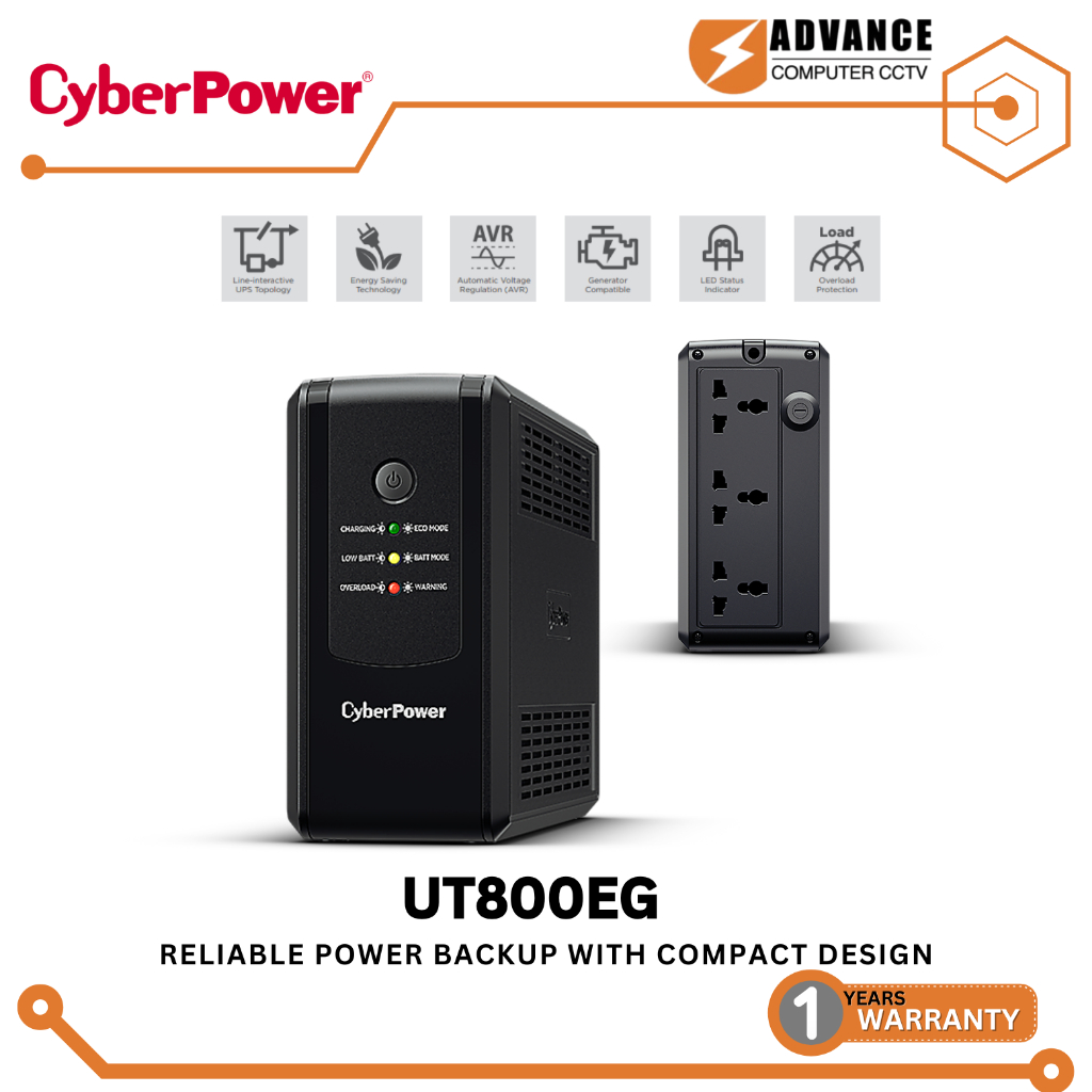 Cyber Power รุ่น UT800EG UPS 800VA/480W Backup UPS Systems เครื่องสำรองไฟ รับประกัน 1 ปี