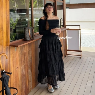 upeachme(A9) Calmcoff Skirt [เอว-40"] กระโปรงยาวแต่งลูกไม้ผ้าเกรดพรีเมียม กระโปรงยาวระบาย4ชั้น กระโปรงยาวลูกไม้