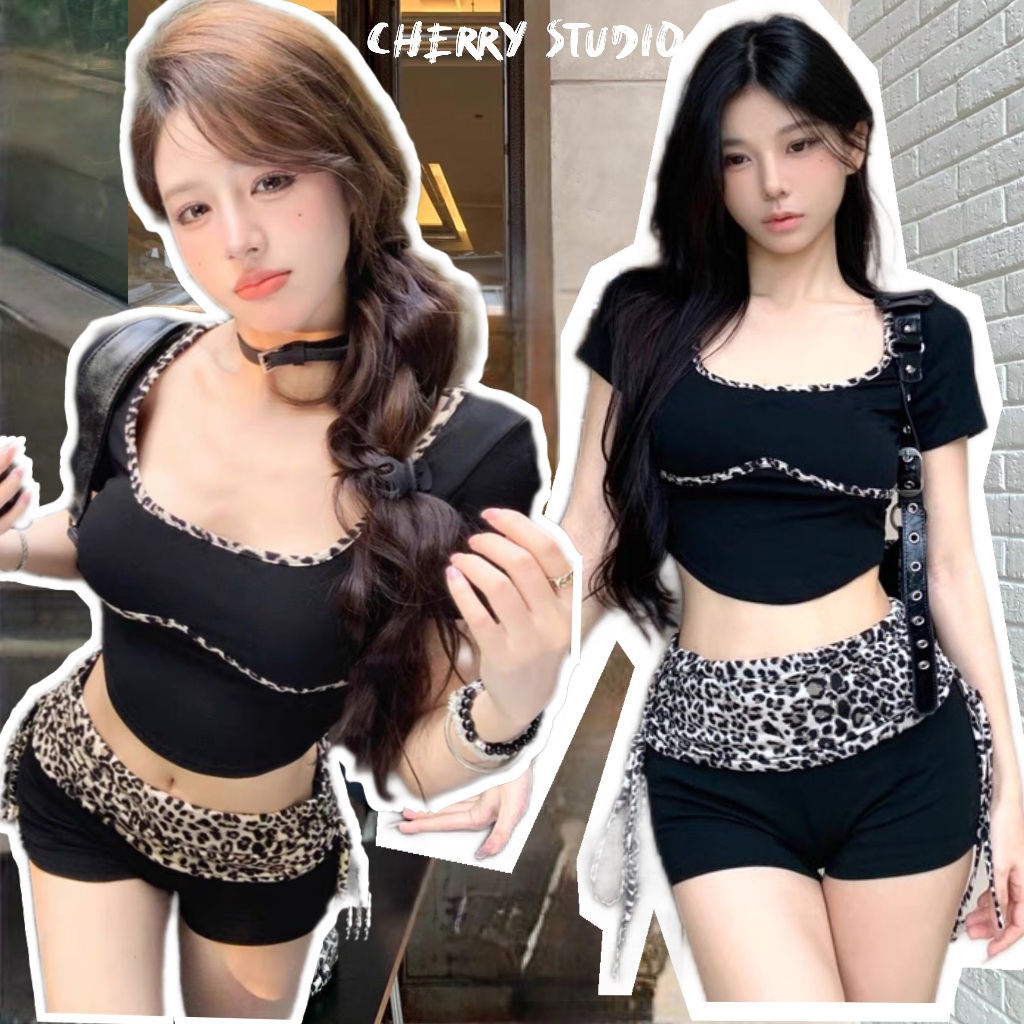 Cherryพร้อมส่ง🎱 ชุดเซ็ทY2K Set 2 ชิ้น เสื้อครอป เสื้อยืดแขนสั้นรัดรูปคอเหลี่ยมทรงสวย + กางเกงขาสั้น แต่งเอวย่นผูกเชือกข