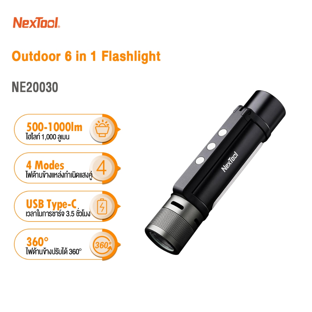 NexTool ไฟฉาย Outdoor 6 in 1 Flashlight ไฟฉายตั้งแคมป์ ไฟฉายฉุกเฉิน ไฟฉายพกพา LED Outdoor flashlight