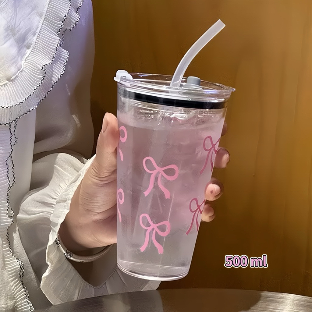 แก้วน้ำ ลายโบว์ พร้อมหลอดดูด ขนาด 500 มล. แก้วเก็บอุณหภูมิ พร้อมส่ง