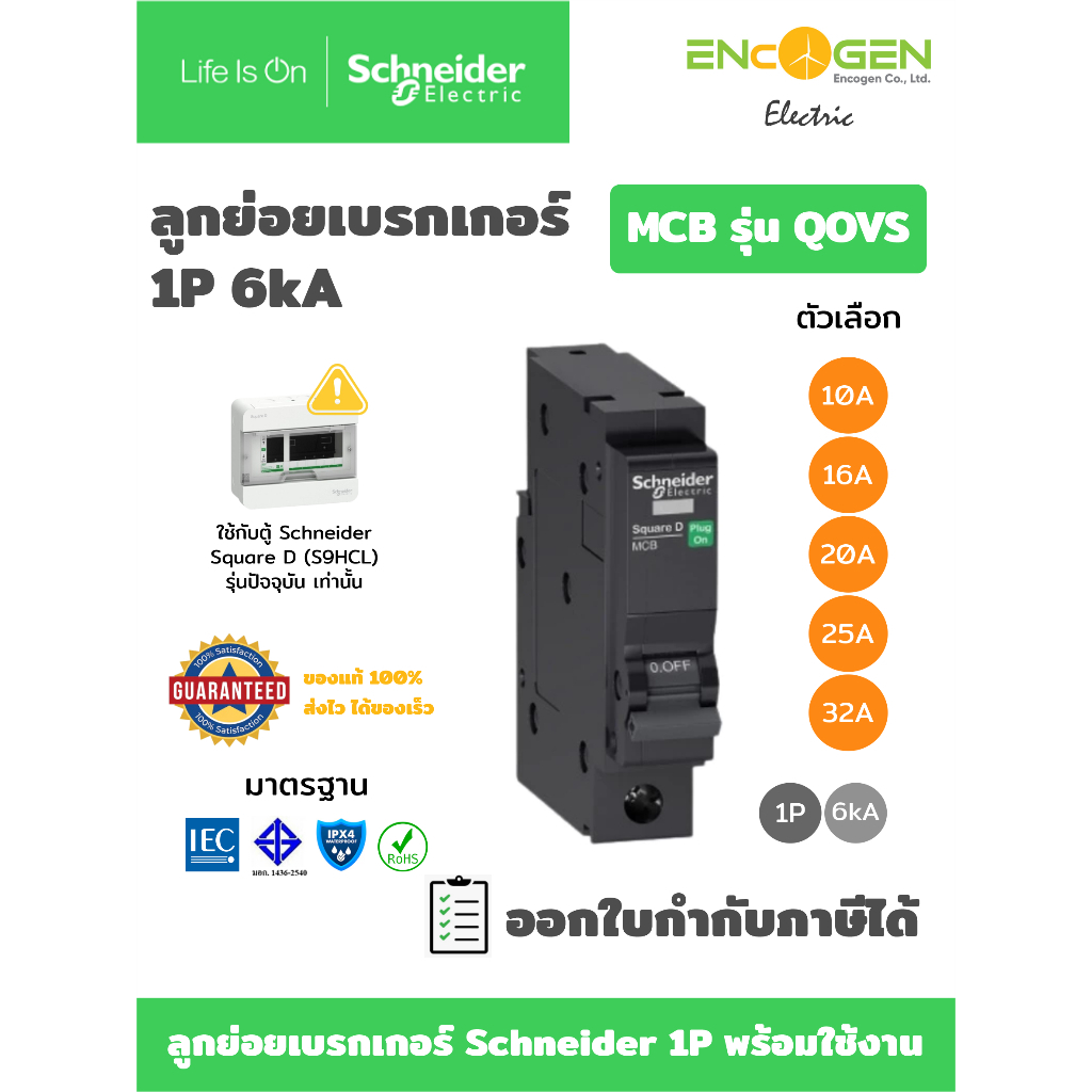 เซอร์กิตเบรกเกอร์ ลูกย่อย 10KA 1P 10A 16A 20A 25A 32A QO1.....VSC10T Schneider