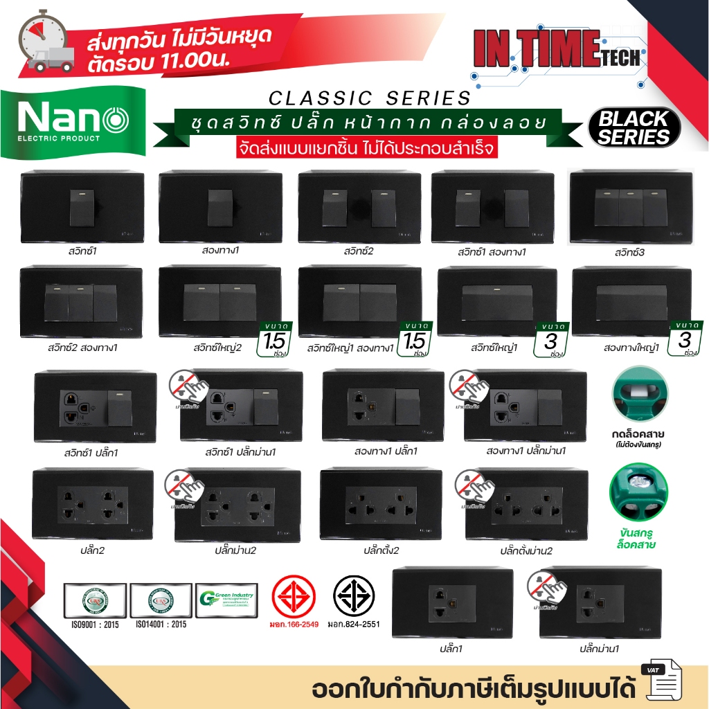 NANO ชุด สวิทซ์ ปลั๊ก หน้ากาก บล็อคลอย ไฟฟ้า สีดำ รุ่นใหม่ 2x4 จัดส่งแบบแยกชิ้น Classic Black Series