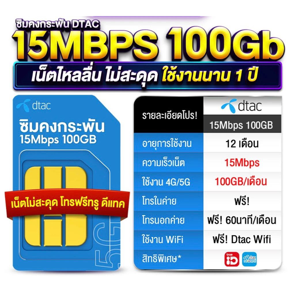 เลือกเบอร์ได้(2)!! ซิมดีแทค 15Mbps(100Gb/เดือน) เบอร์มงคล เบอร์สวย เบอร์จำง่าย!!