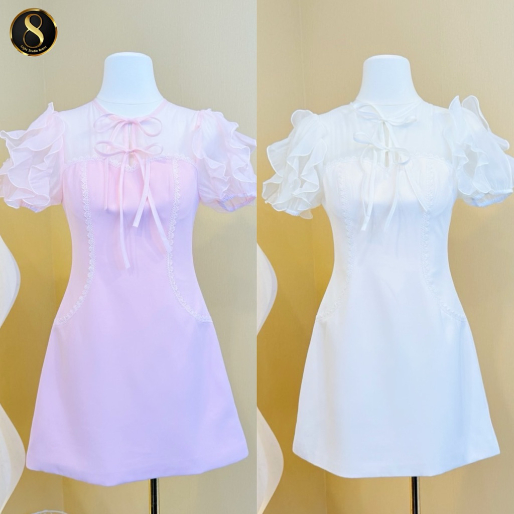 [8Studio Brand] J0012 ชุดเดรสกระโปรงคอกลมผูกโบว์แขนตุ๊กตาระบาย ดูแพงผู้ดี ใส่เที่ยว ออกงาน ดินเนอร์