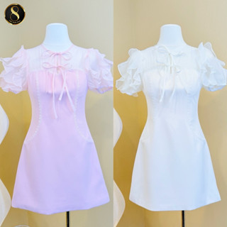 [8Studio Brand] J0012 ชุดเดรสกระโปรงคอกลมผูกโบว์แขนตุ๊กตาระบ…