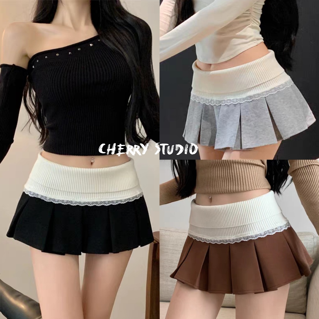 Cherry✨พร้อมส่ง✨กระโปรงสั้นผู้หญิง🐼เอวสม๊อคแต่งลูกไม้ ทรงรัดเอว กระโปรงพลีทสั้นสุดฮิต เนื้อผ้าดี เซ็กซี่แซ่บ ใส่ไปทะเล