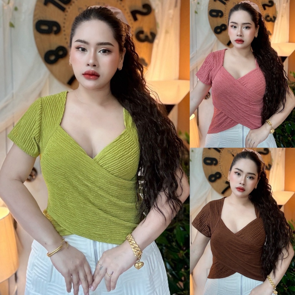เสื้อสาวอวบ**ร้าน ปอปังแฟชั่น อก36-46ยาว22ผ้าท๊อฟฟี่ **รุ่น ไขว้เบเบ้**