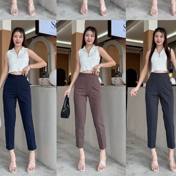 B0044  Beer&Oil กางเกงขายาวเอวสูง 8ส่วนข้างผ้าโรเชฟ งานซิปข้าง มีกระเป๋า2ข้างใช้งานได้จริง