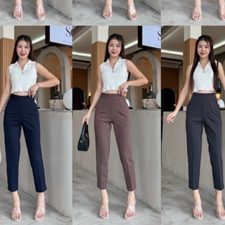 B0044  Beer&Oil กางเกงขายาวเอวสูง 8ส่วนข้างผ้าโรเชฟ งานซิปข้…