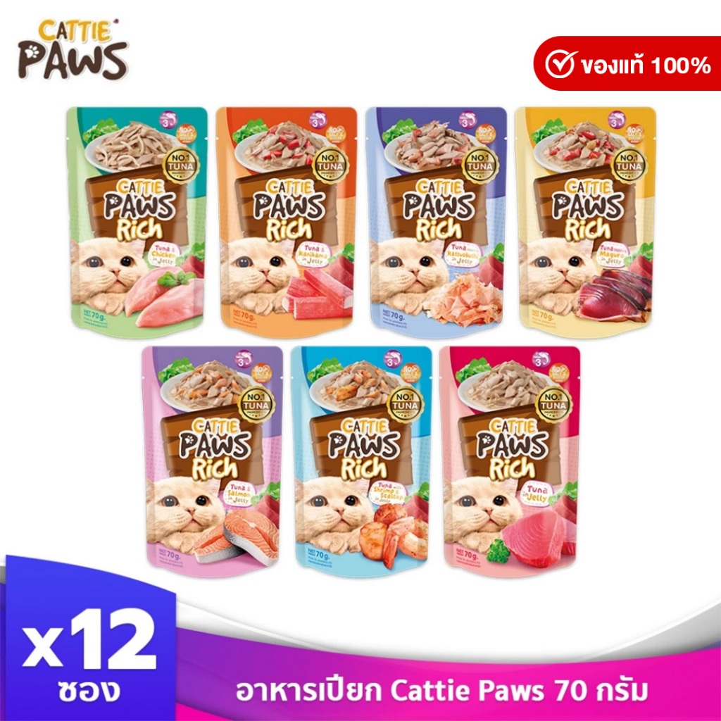 Cattie Paws Rich แคทตี้ พาวส์ ริช อาหารแมว อาหารเปียกแมว 70 กรัม บรรจุ 12 ซอง (เลือกรสชาติด้านใน)