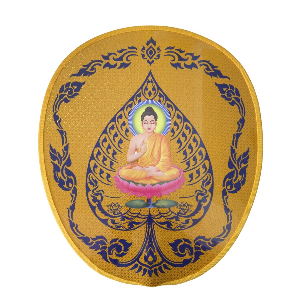 ตาลปัตรพิมพ์ ผ้าตาดลายไทย รูปพระพุทธเจ้า งานพิธี อุปสมบท บวช ด้ามจับสีขาว