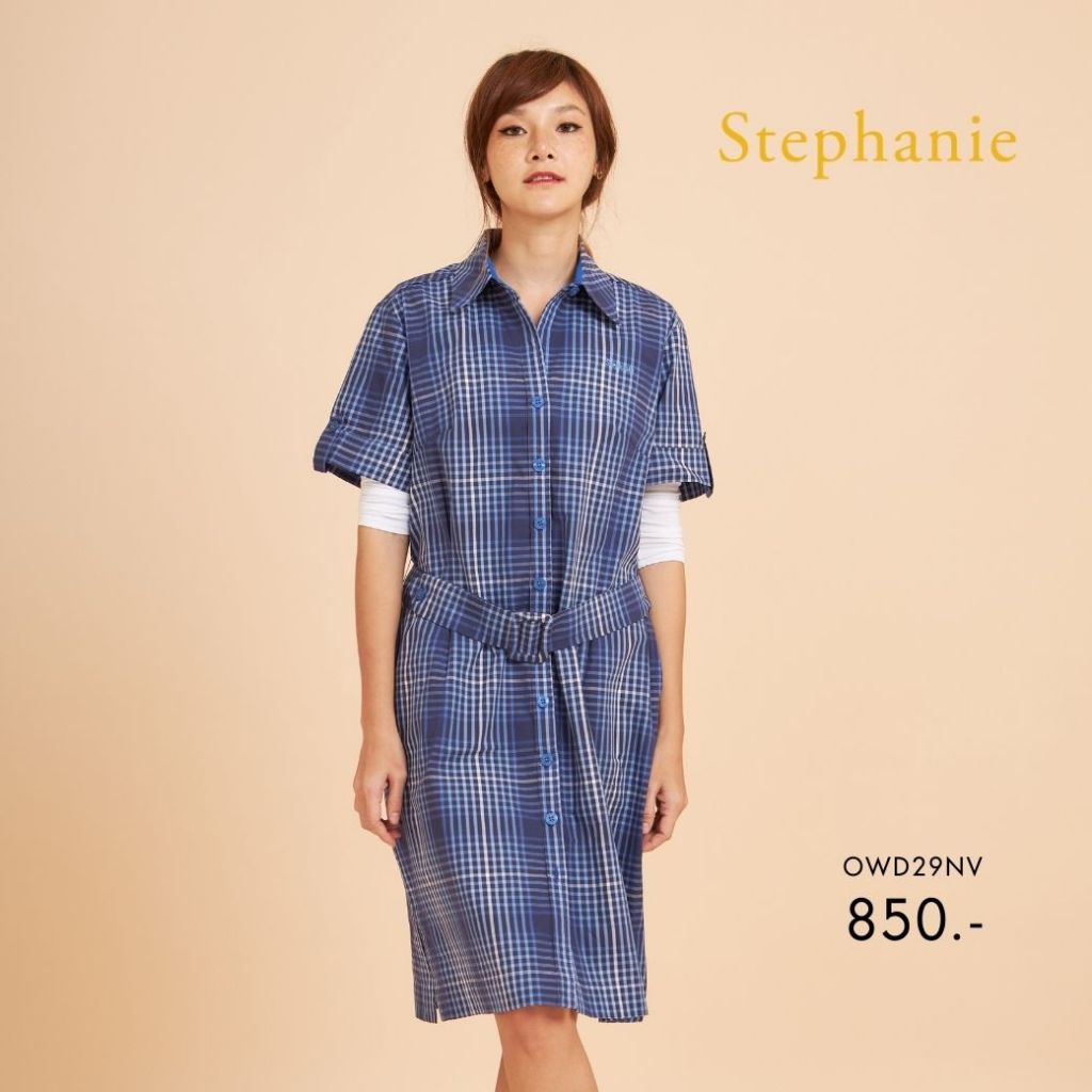 Stephanie ชุดเดรสลายสก๊อตสีน้ำเงินสลับฟ้า OWD29NV