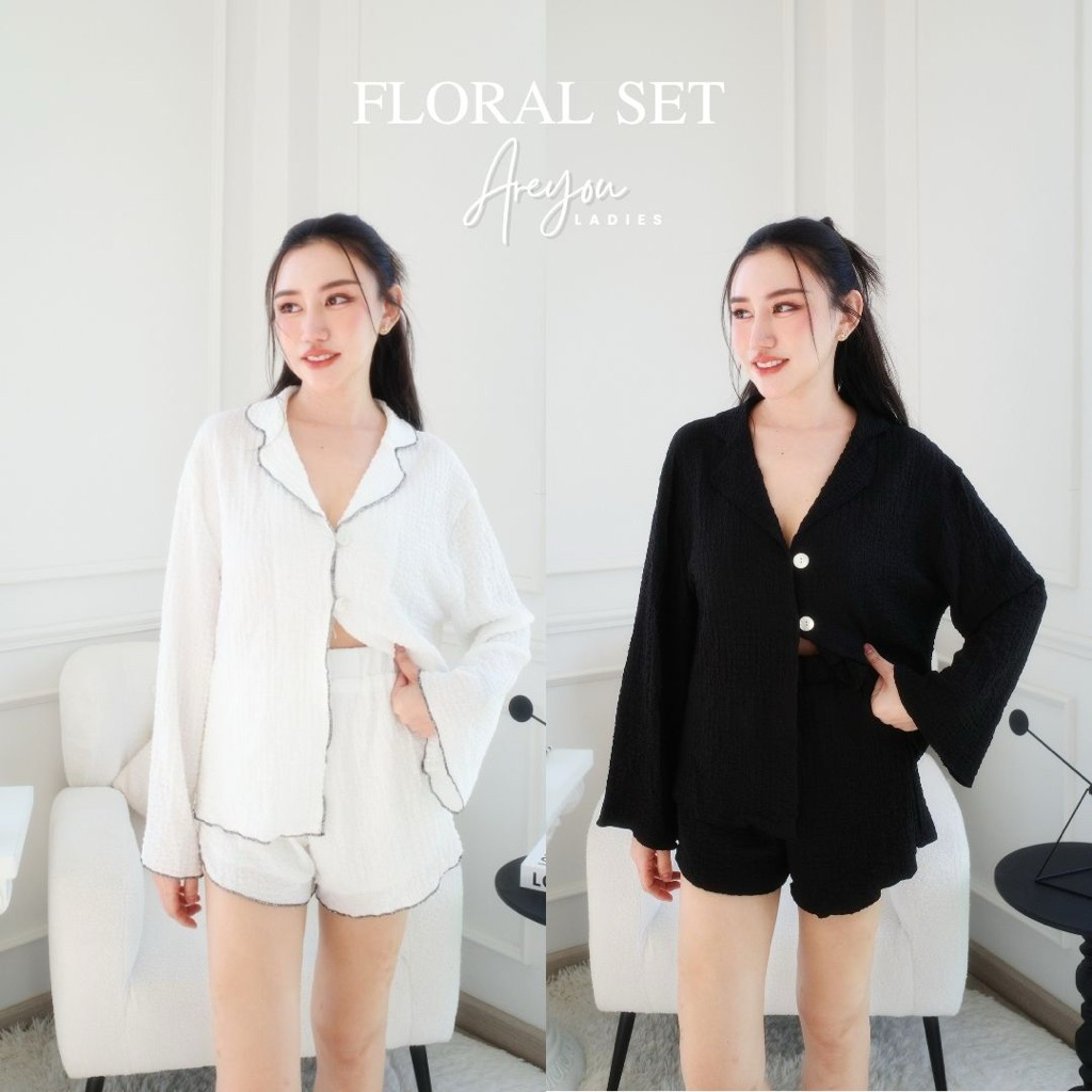 NO.563 Floral set ชุดเซตเสื้อแขนยาว-กางเกงขาสั้น สไตล์เกาหลี