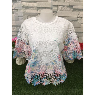 เสื้อลูกไม้ เสื้อสงกรานต์ เสื้อลายดอก พิมพ์ลายแขนสามส่วน รอบอก5205-4605